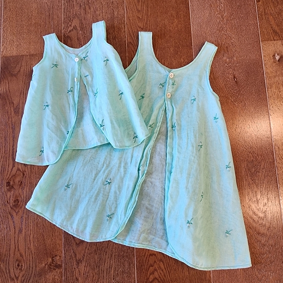 2 Matching Vintage Dresses 18M and 3T sleeveless handmade embroidered teal - Picture 1 of 16